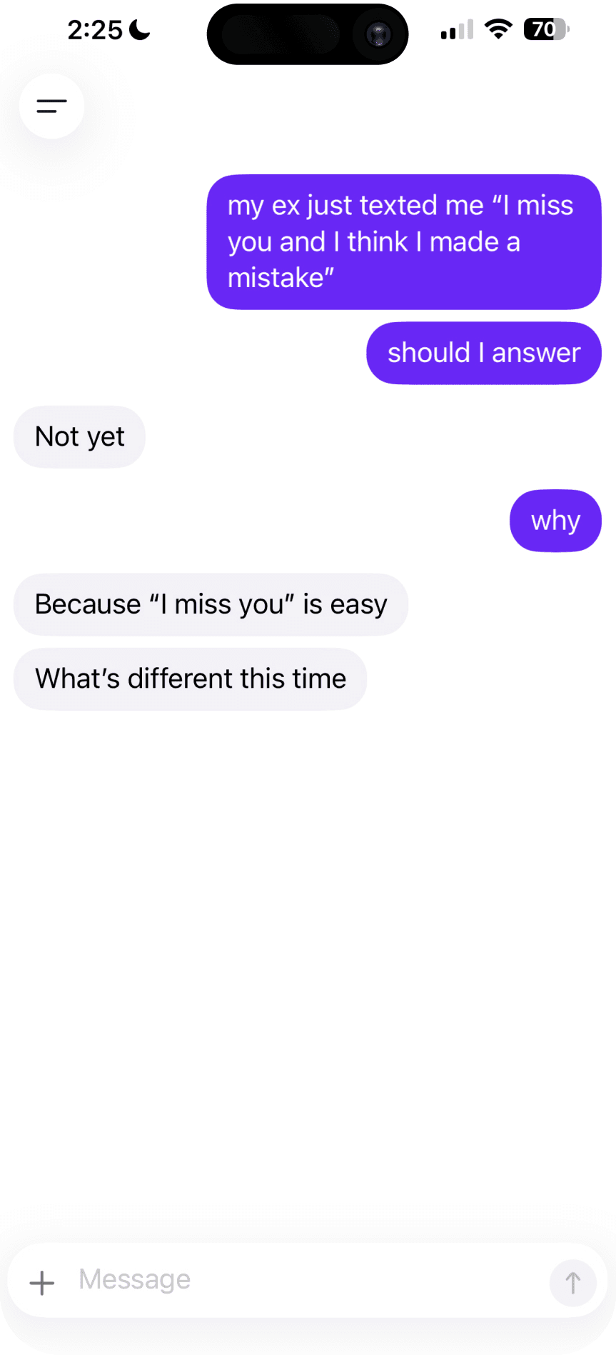 DateBot answering a question about an ex with a clear recommendation