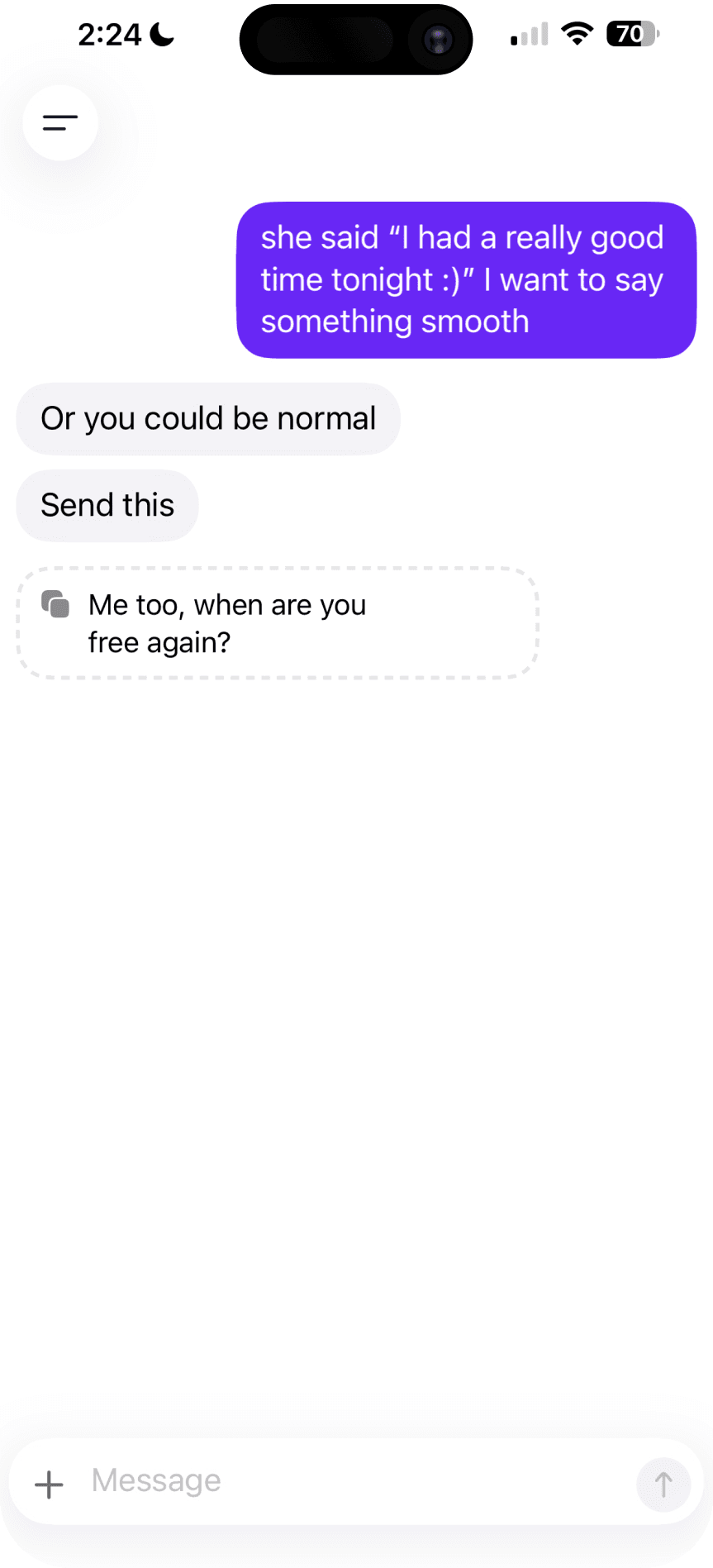 DateBot drafting a message for the user to send