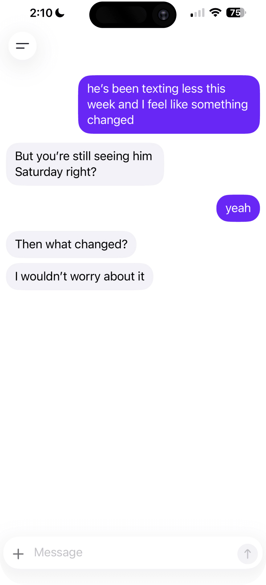 DateBot reading a situation described in chat and asking what changed