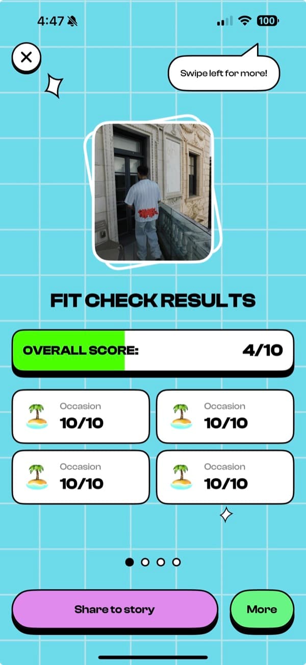 Fit check results: an overall score and a sub-score per dimension