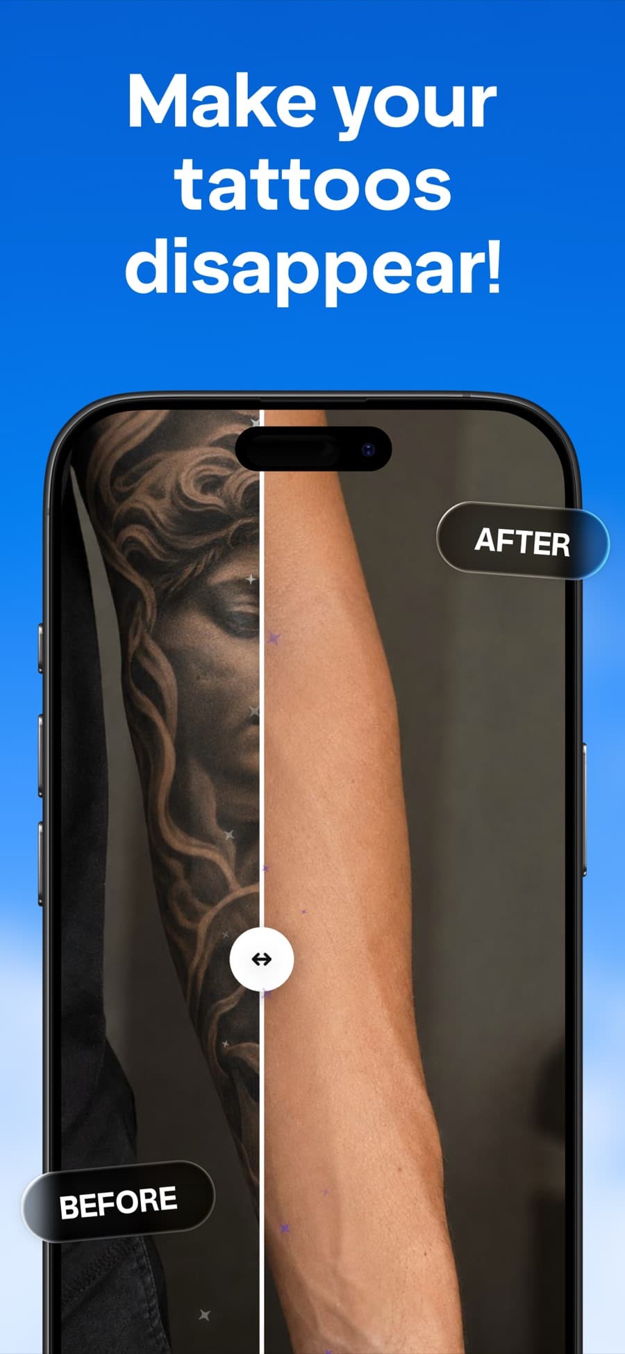 Make your tattoos disappear: a before and after slider over a sleeve