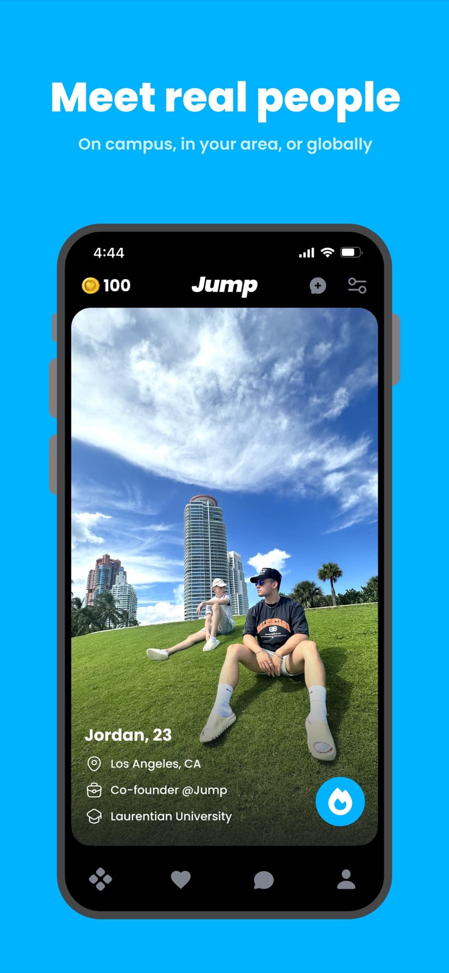 Meet real people, on campus, in your area, or globally: a profile card