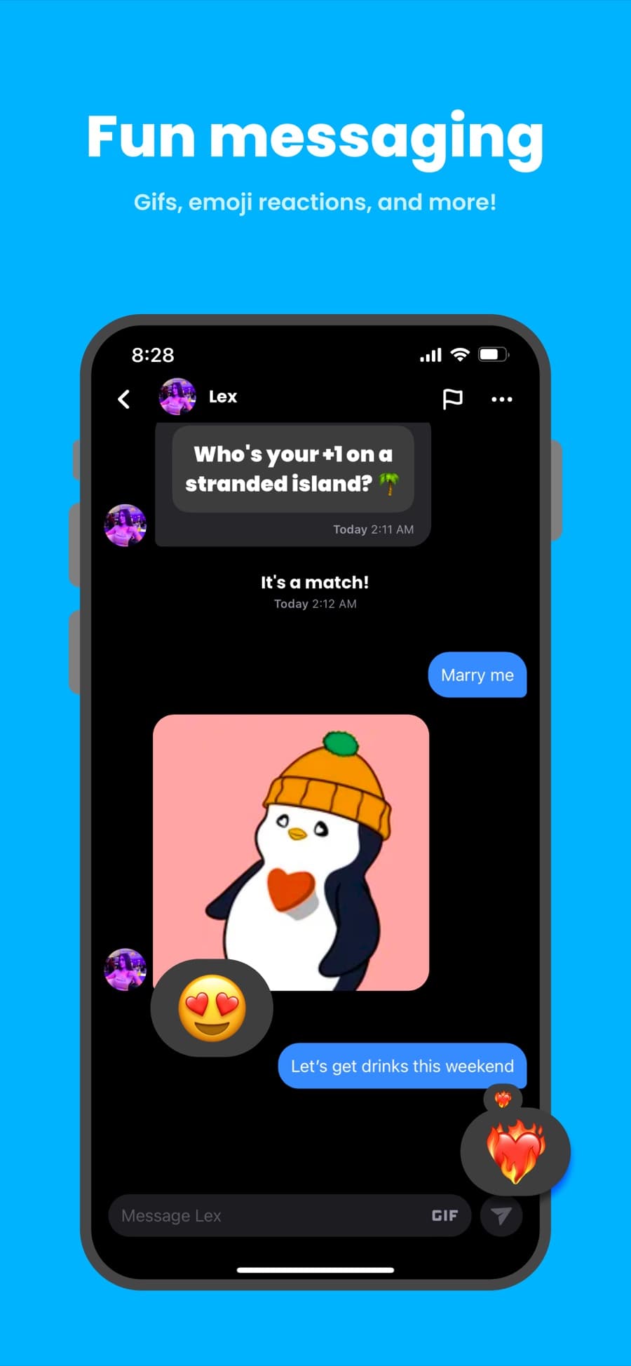 Fun messaging: a conversation with a GIF and emoji reactions