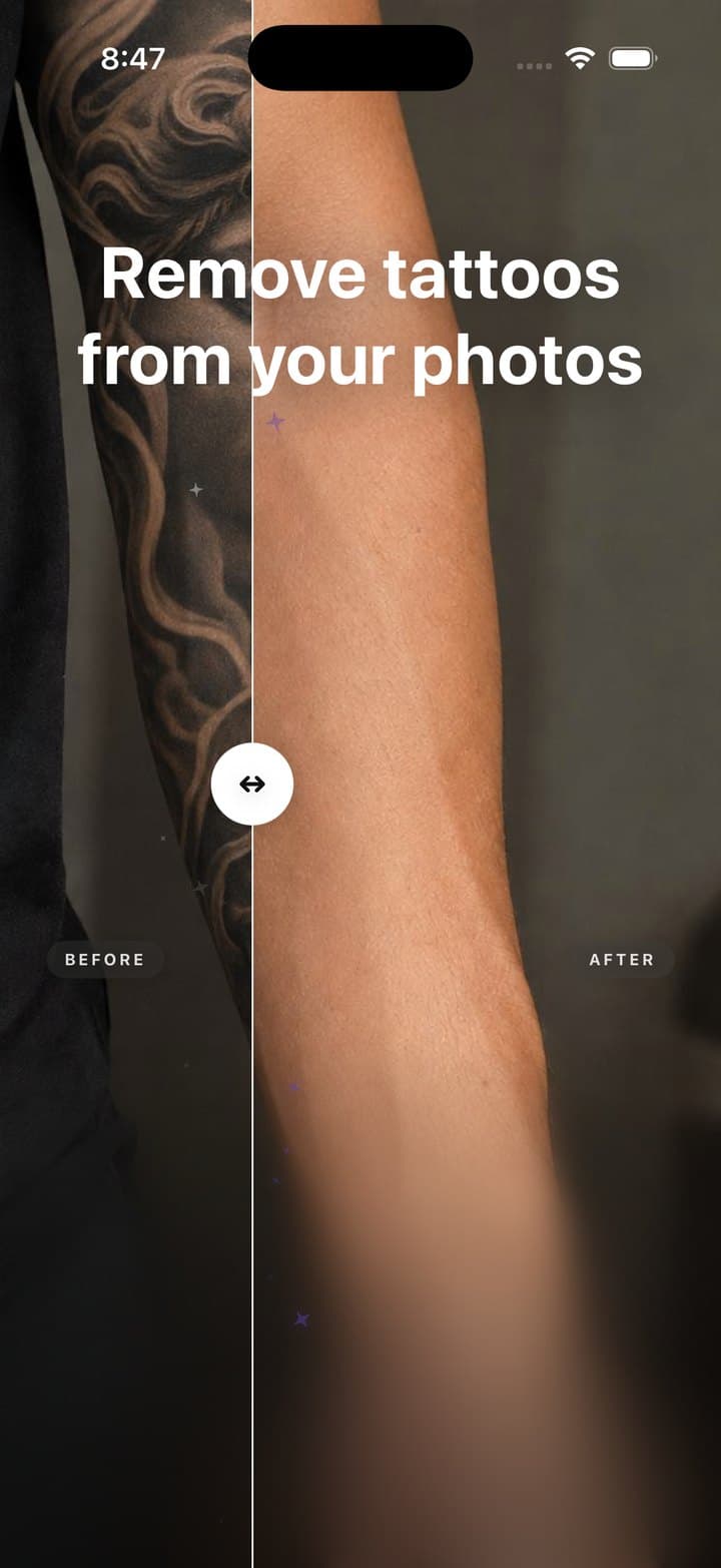 Tattoo Remover AI landing screen with a before and after slider